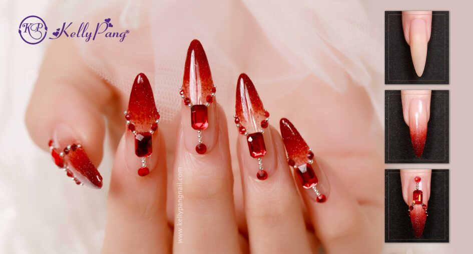 Cách Vẽ Nail Đỏ Ruby Ombre Đính Đá Kiêu Sa