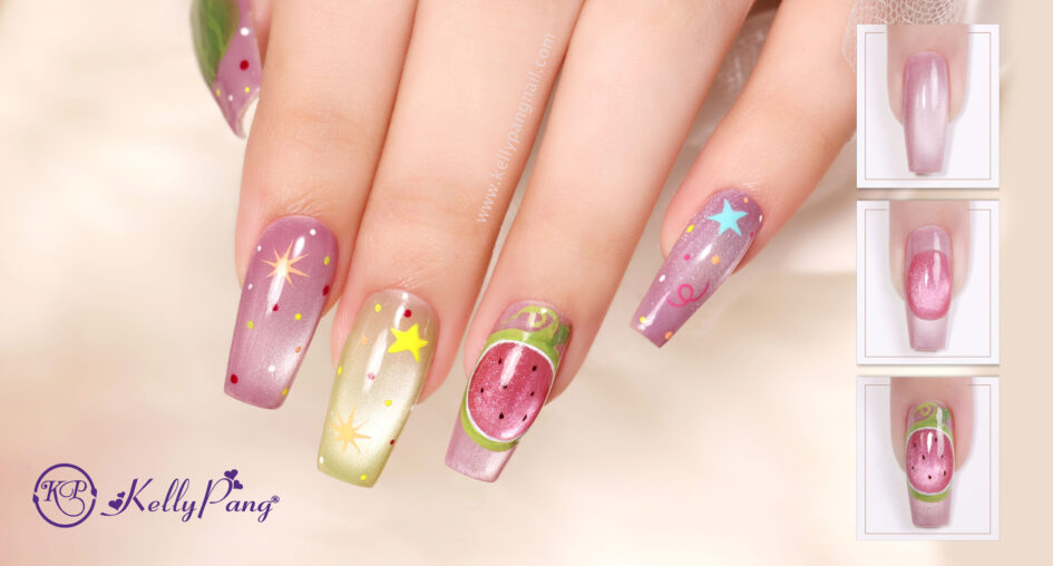 Cách vẽ nail họa tiết dưa hấu hiệu ứng mắt mèo
